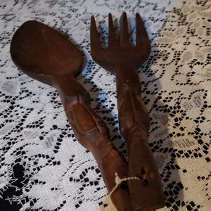 Wooden Fork and Spoon Set with Carved handles.